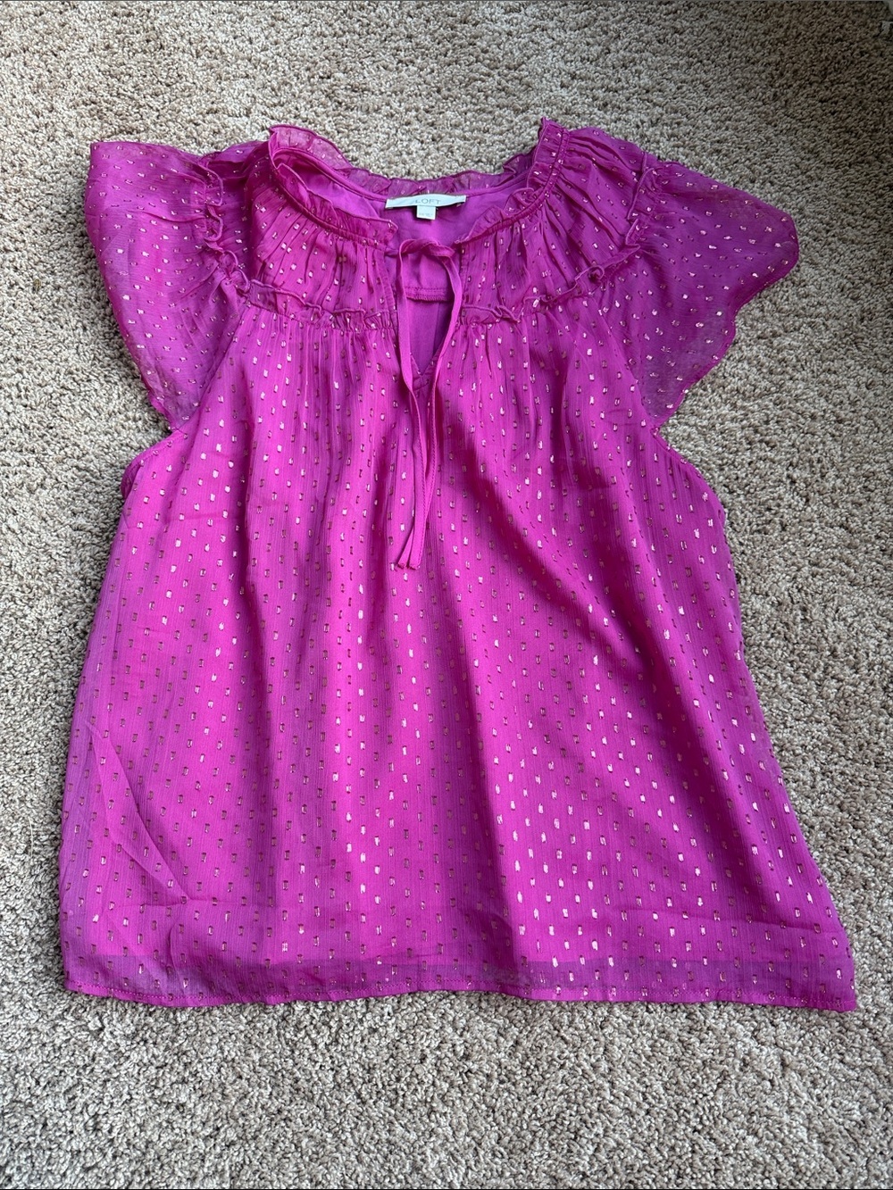 LOFT Fuchsia Metallic Dot Ruffle Tie Neck Blouse Size XXL